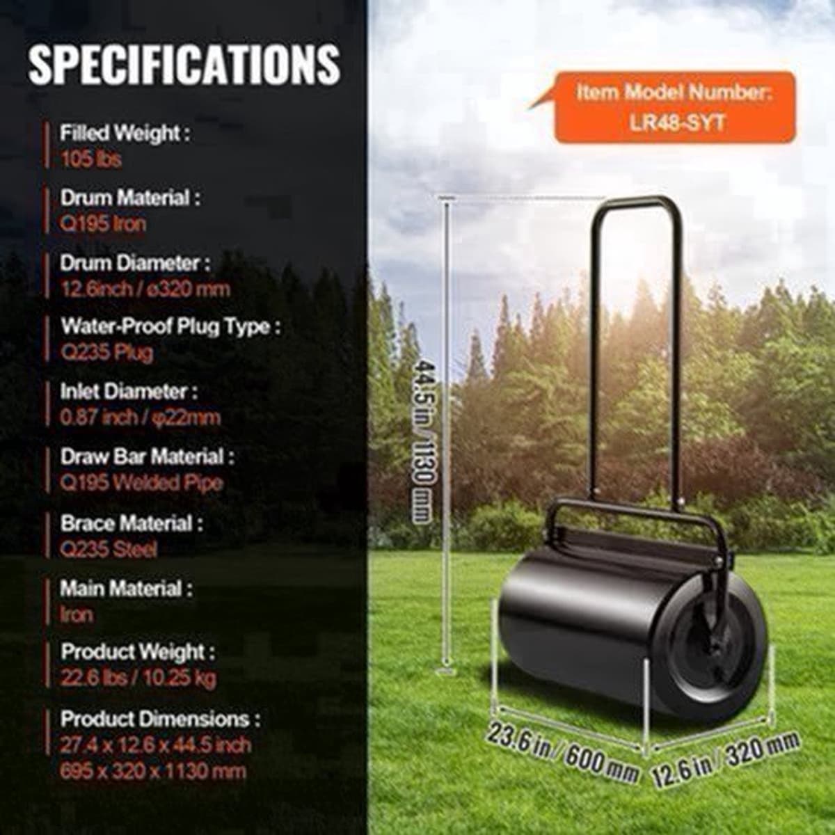 Grondwals – Gazonwals – Graswals – Tuinwals – Gazonroller – 60,96 cm Breedte – Zware Stalen Constructie – 49,21 L Vulcapaciteit – Ergonomisch Handvat – Makkelijk Vullen en Legen — afbeelding 1