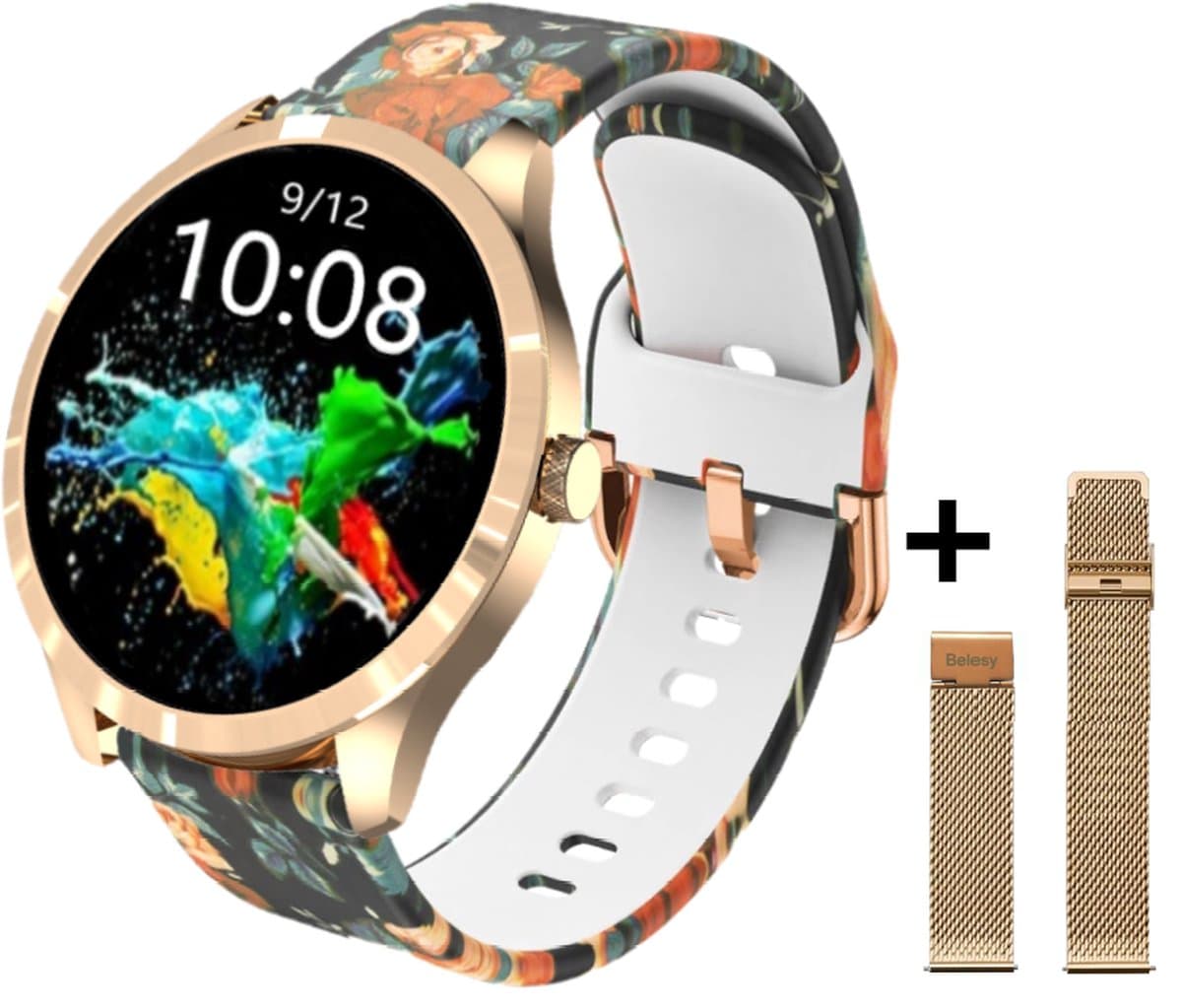 Belesy® BQSiRgPk Pro - Smartwatch Dames – Smartwatch Heren - Horloge - 1.28 inch - Kleurenscherm - Stappenteller - Bloeddruk - Hartslag - 75+ Wijzerplaten – Sporten – Rose goud – Staal - Siliconen – Rozen - Kerstcadeau — afbeelding 1