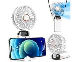 Draagbare Handventilator met Digitaal Display en Oplaadbare Batterij – 3-in-1 Functie, 5 Snelheden en 90° Verstelbaar