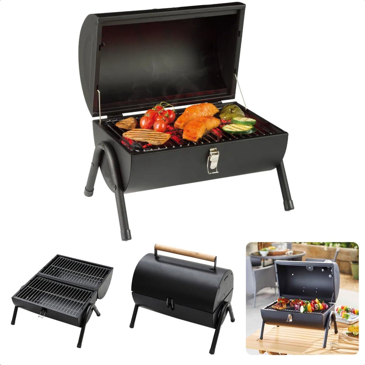 Cheqo® Houtskoolbarbecue - BBQ - Cilinderbarbecue - Tafel BBQ - Barbecue Cilindervorm - Tafelmodel - Mat Zwart - 2-zijdig Gebruik - 2 Rekken/Platen - 17 cm Grillhoogte - Metaal - Afsluitbaar Deksel - Compact - 41 x 26 x h36 cm - Ook voor Camping — afbeelding 1