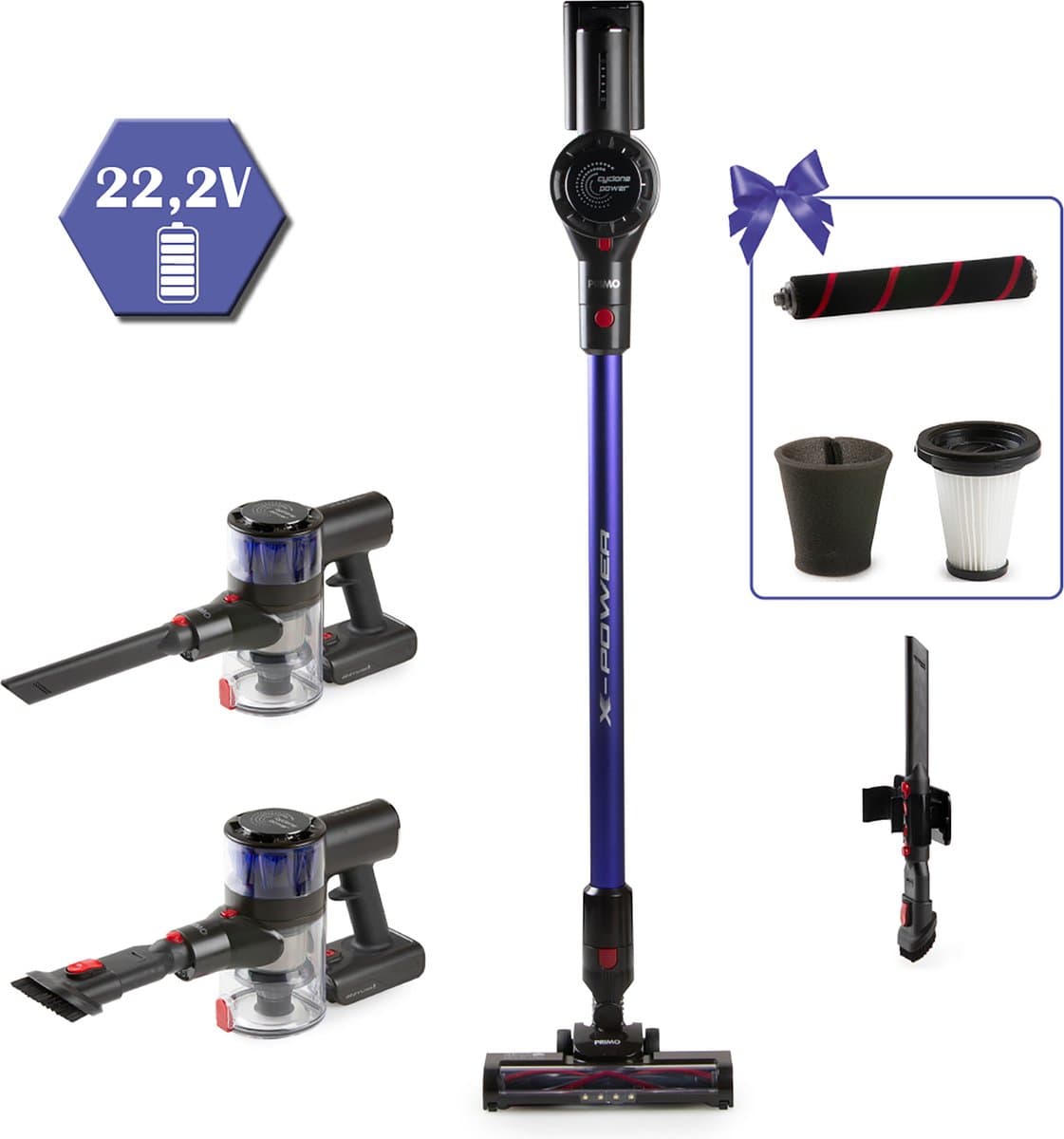 PRIMO PR511SV 3-in-1 BLDC Steelstofzuiger Draadloos - Stofzuiger zonder zak - Kruimelzuiger - Max power 20 kPa - Blauw/Rood — afbeelding 1
