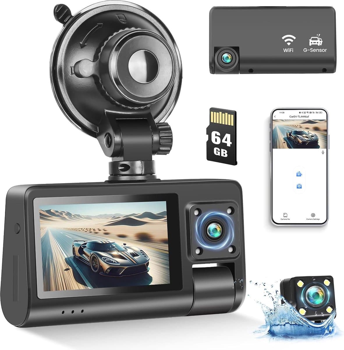 1080p Dashcam met 3 lenzen, 5 inch scherm, Wifi, Nachtzicht en Parkeerbewaking — afbeelding 1