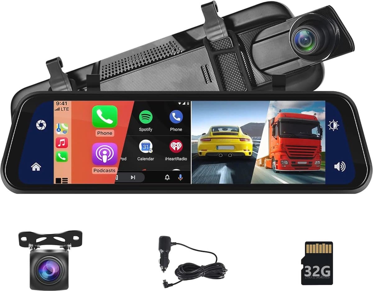 Achteruitkijkspiegel Dashcam met Bluetooth en Carplay 9,66 inch – HD Nachtzicht Camera voor en Achter — afbeelding 1