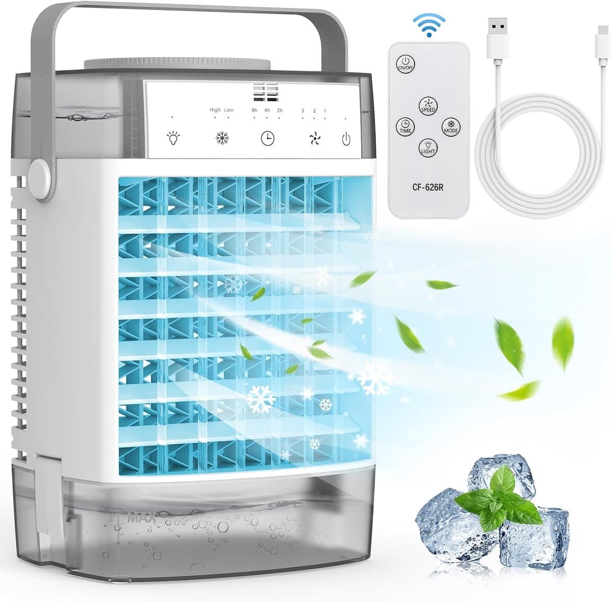 Aircooler 4-in-1 ventilator - Airco - Mobiele airco - Draagbare airconditioner – 3 snelheden & 3 standen – 2-8 uur timer – 7 kleurenverlichting – AC-unit met 1000 ml watertank – voor slaapkamer, kantoor, thuis en op de camping — afbeelding 1