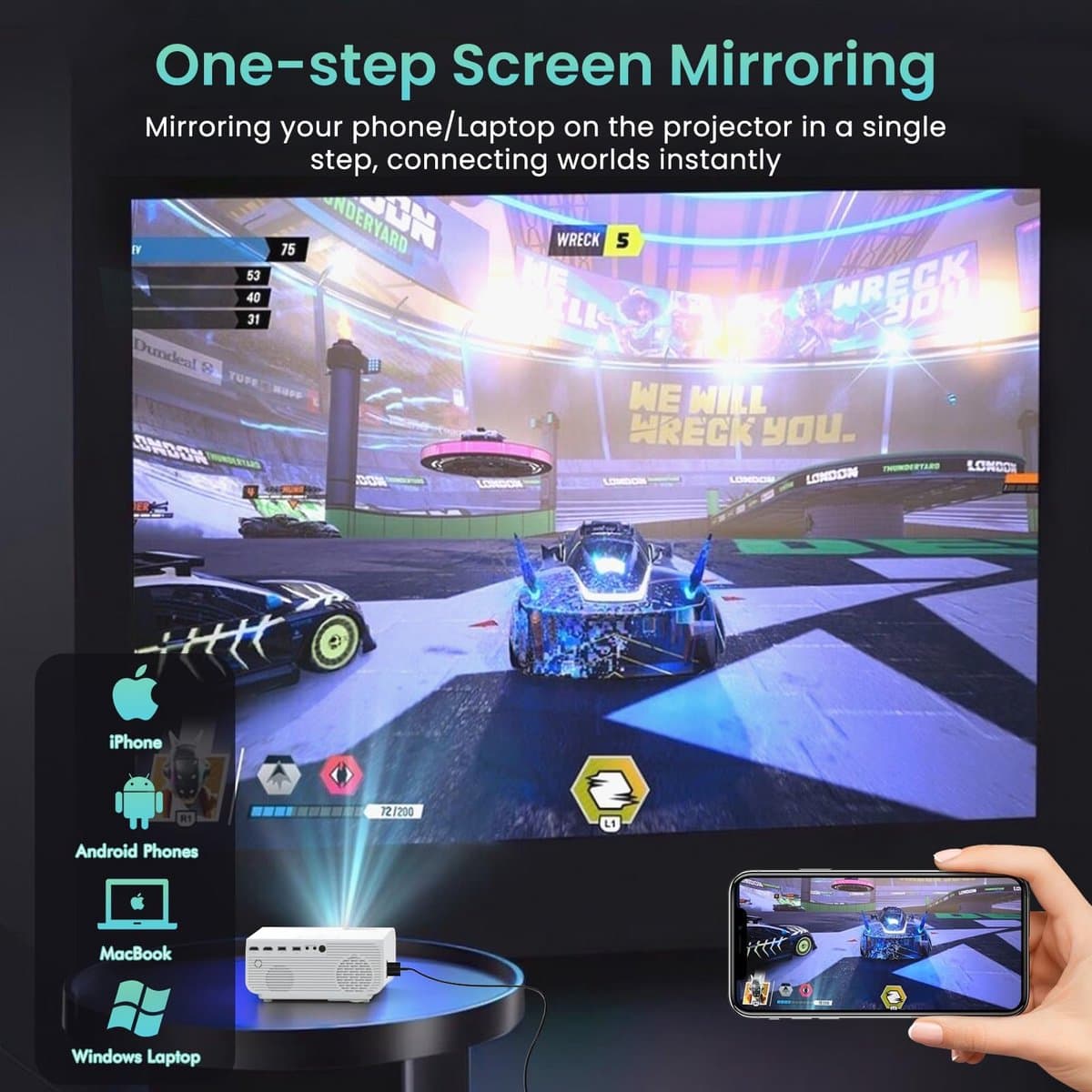 SnelShoppen - Mini Beamer WiFi Bluetooth Full HD 1080P, 4K Home Cinema, 300'' Display, Zoomfunctie, Compatibel met Smartphone/HDMI/USB/Laptop/Fire Sti — afbeelding 1