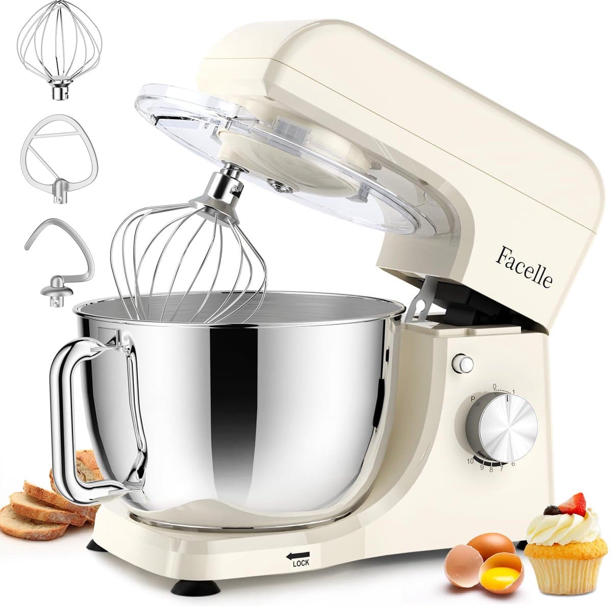 SnelShoppen - Stand Mixer Wit - 5.5L Keukenmachine met 6 Snelheden en Kneedhaak voor Bakken, Mixen, Kloppen, Perfect voor Taarten en Brood — afbeelding 1