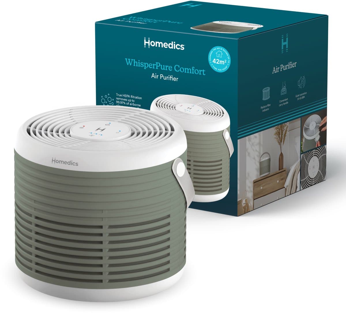 Homedics WhisperPure Luchtreiniger - Hepa en Koolstof Filter - Ruimtes tot 42m² - Met Geurtray - 3 Ventilatiestanden - Air Purifier - Groen — afbeelding 1