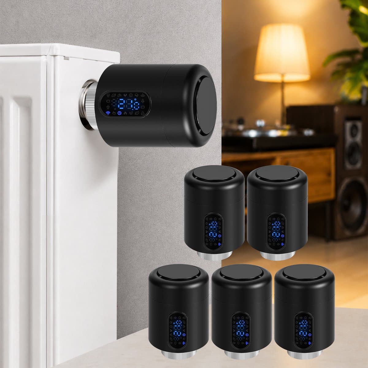 WiFi Radiatorthermostaat met App-bediening en 7 Ventieladapters – Zwart – 5-pack — afbeelding 1