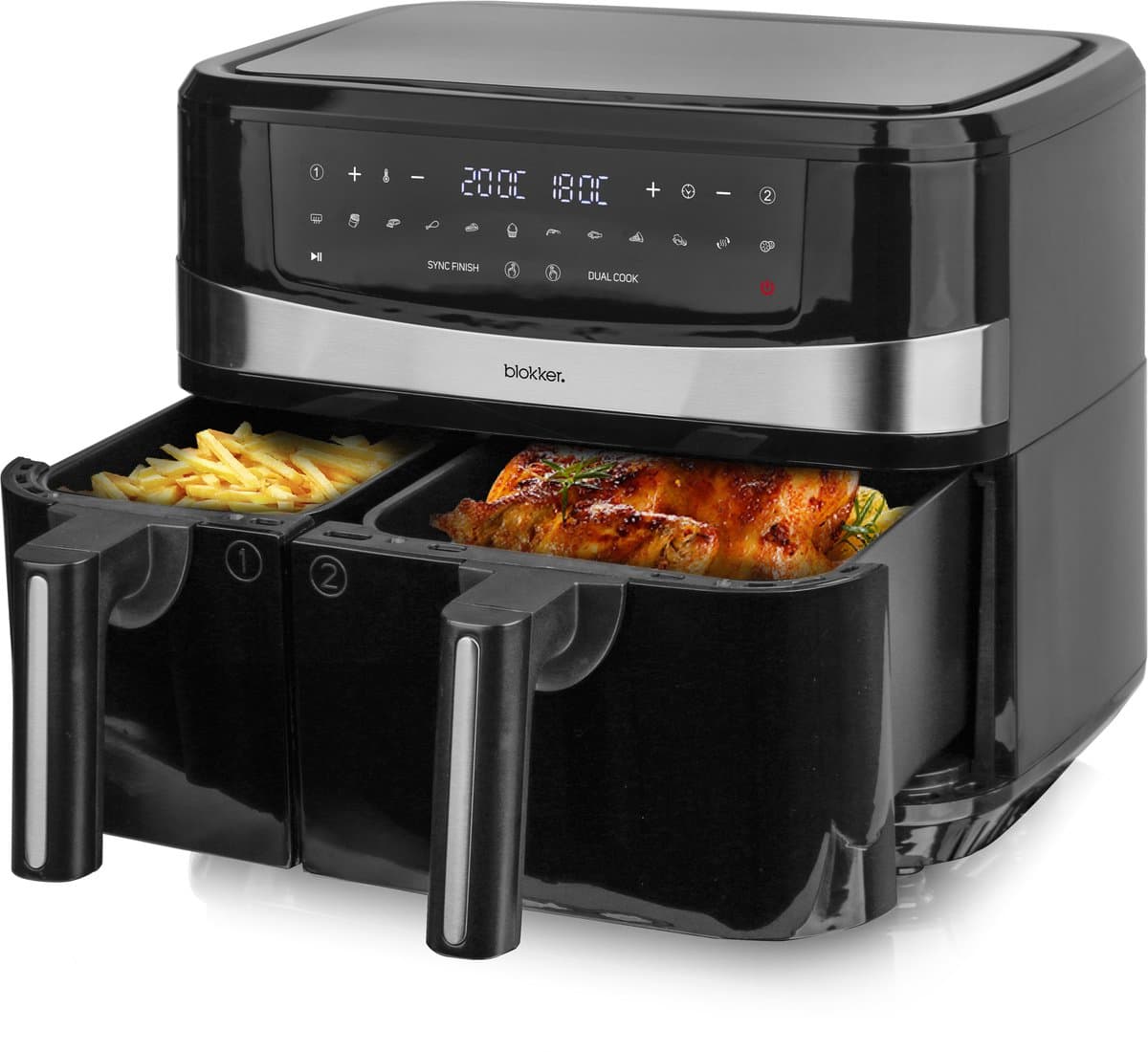 Blokker Dubbele Heteluchtfriteuse - Airfryer - 2400W - 6L+4L - Digitaal display - Regelbare thermostaat - Dual zone & cook - Sync finish - Opwarmfunctie - Cool touch - Timer - Akoestisch alarm - Droogfunctie - Anti-aanbaklaag - AF-130278.1 Zwart — afbeelding 1