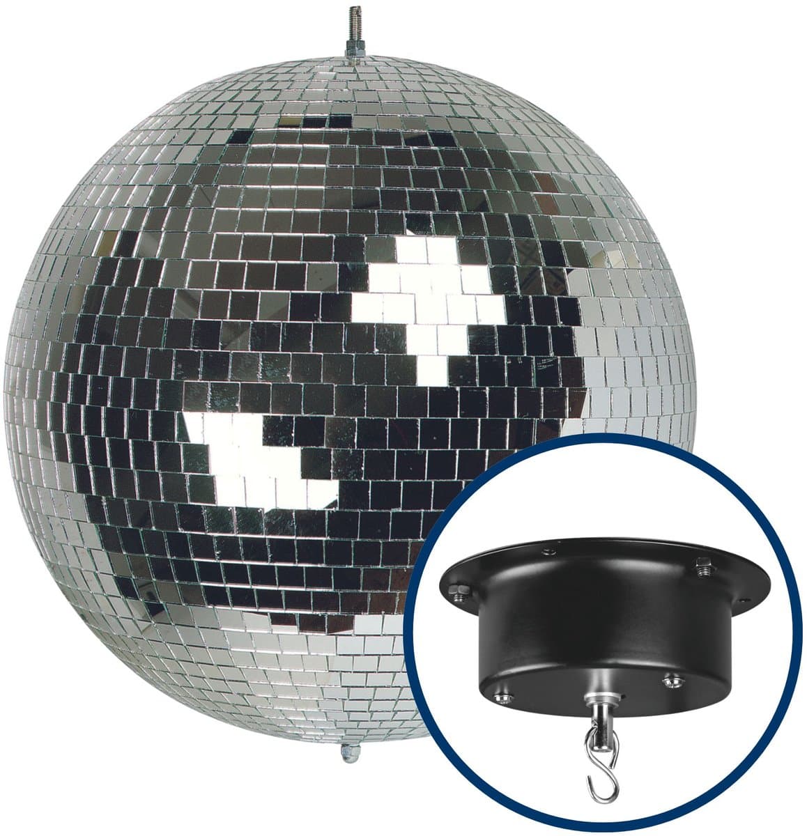 HQ-Power Set met discobal Ø 30 cm + 4W motor, roterende spiegelbol van reflecterend facetglas, 1.8-2.5 tpm, 5 kg draagvermogen, veilig ophangsysteem voor plafondmontage – Ideaal voor grote dansvloeren, evenementen, clubs, en commerciële verlichting — afbeelding 1