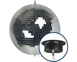 HQ-Power Set met discobal Ø 30 cm + 4W motor, roterende spiegelbol van reflecterend facetglas, 1.8-2.5 tpm, 5 kg draagvermogen, veilig ophangsysteem voor plafondmontage – Ideaal voor grote dansvloeren, evenementen, clubs, en commerciële verlichting