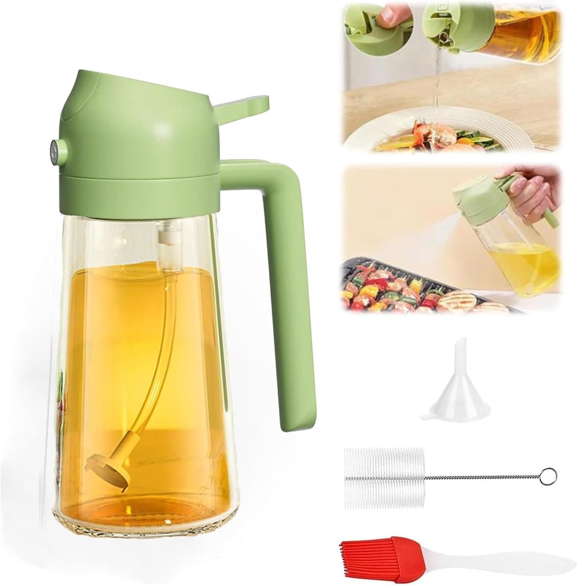 Oil Spray Bottle, 2 in 1 Spray Container, 16oz/470ml Oil Sprayer, Vinegar Spray Bottle for Air Fryer Cooking Barbecue Kitchen Salad Baking (Green) — afbeelding 1