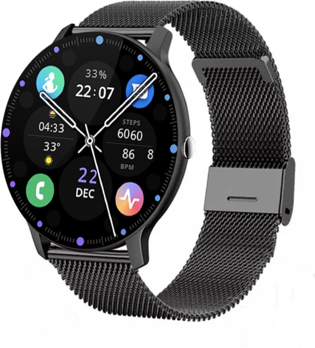 Royal Supplies SQ-33 Smartwatch - Smartwatch Heren - Smartwatch Dames- Smartwatch Kinderen - HD Touchscreen - Horloge - Stappenteller - Bloeddrukmeter - Saturatiemeter - IOS & Android -Screenprotector- Zwart Staal — afbeelding 1