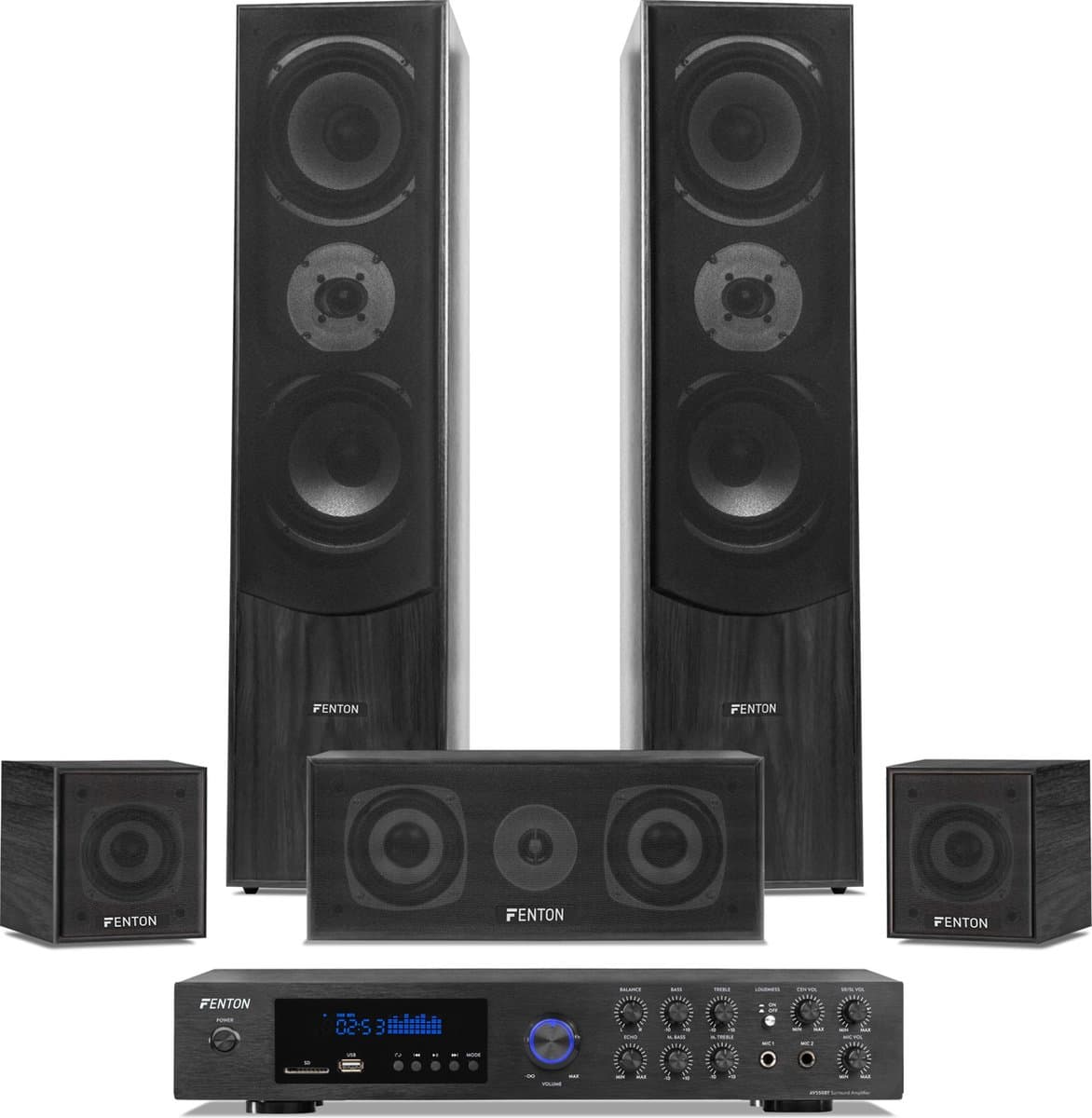 Surround set home cinema - Fenton 5.0 set met versterker en 5 speakers - Bluetooth / mp3 - Zwart — afbeelding 1