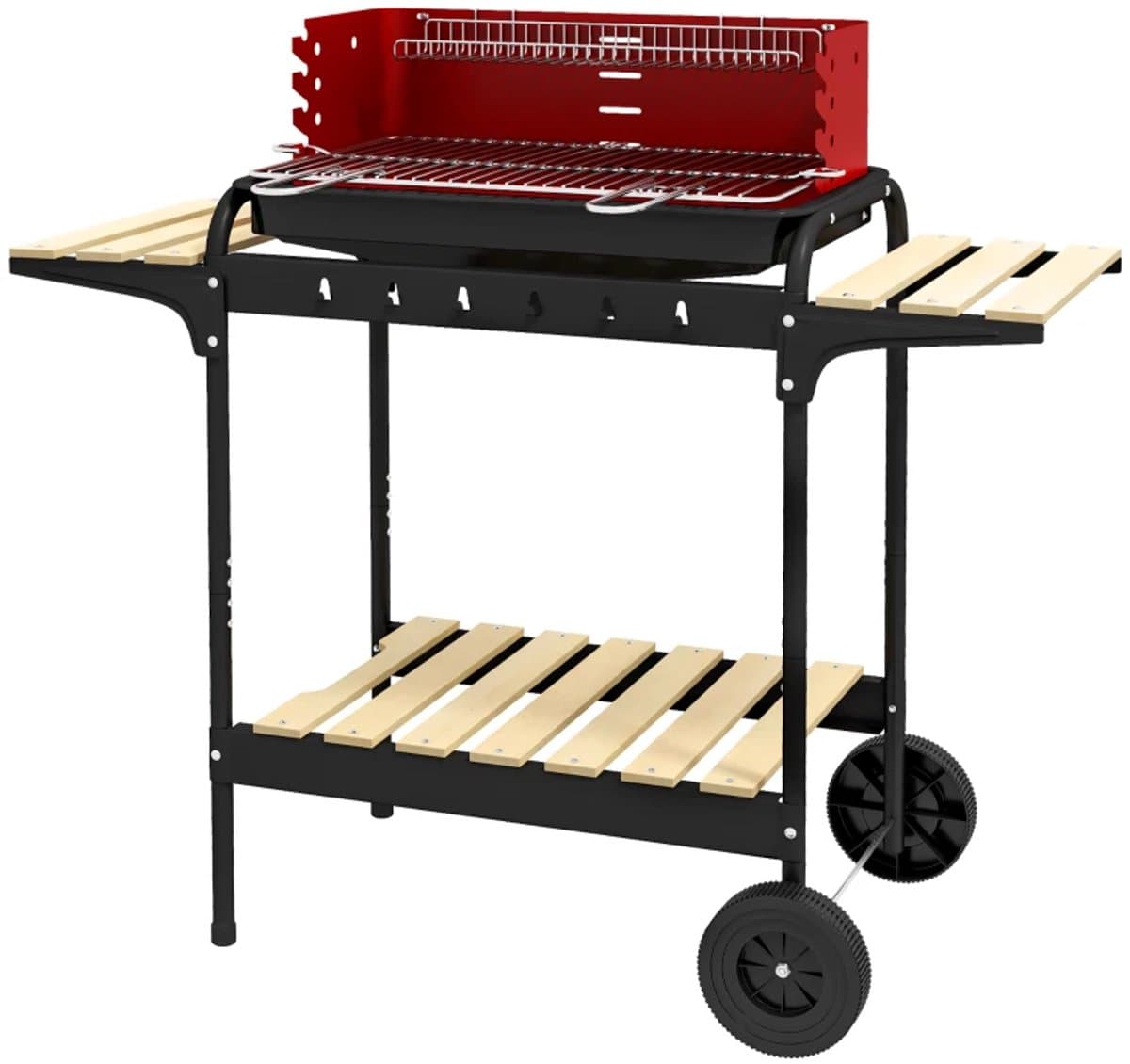 Premie Houtskool Barbecue - in Hoogte Verstelbaar Grillrooster - Grilloppervlak 53x34cm - met Houten Plank en Wielen - BBQ voor Kamperen, Buiten, Tuin - 103x47x95 cm - Rood — afbeelding 1