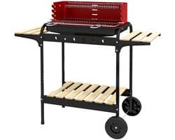 Premie Houtskool Barbecue - in Hoogte Verstelbaar Grillrooster - Grilloppervlak 53x34cm - met Houten Plank en Wielen - BBQ voor Kamperen, Buiten, Tuin - 103x47x95 cm - Rood