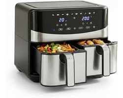 Heteluchtfriteuse Dubbele Mand - Luchtfriteuse Airfryer - Gezinsmaaltijden Bereiden - Dubbele Kamer Technologie - 8 Liter Capaciteit - Zwart Zilver