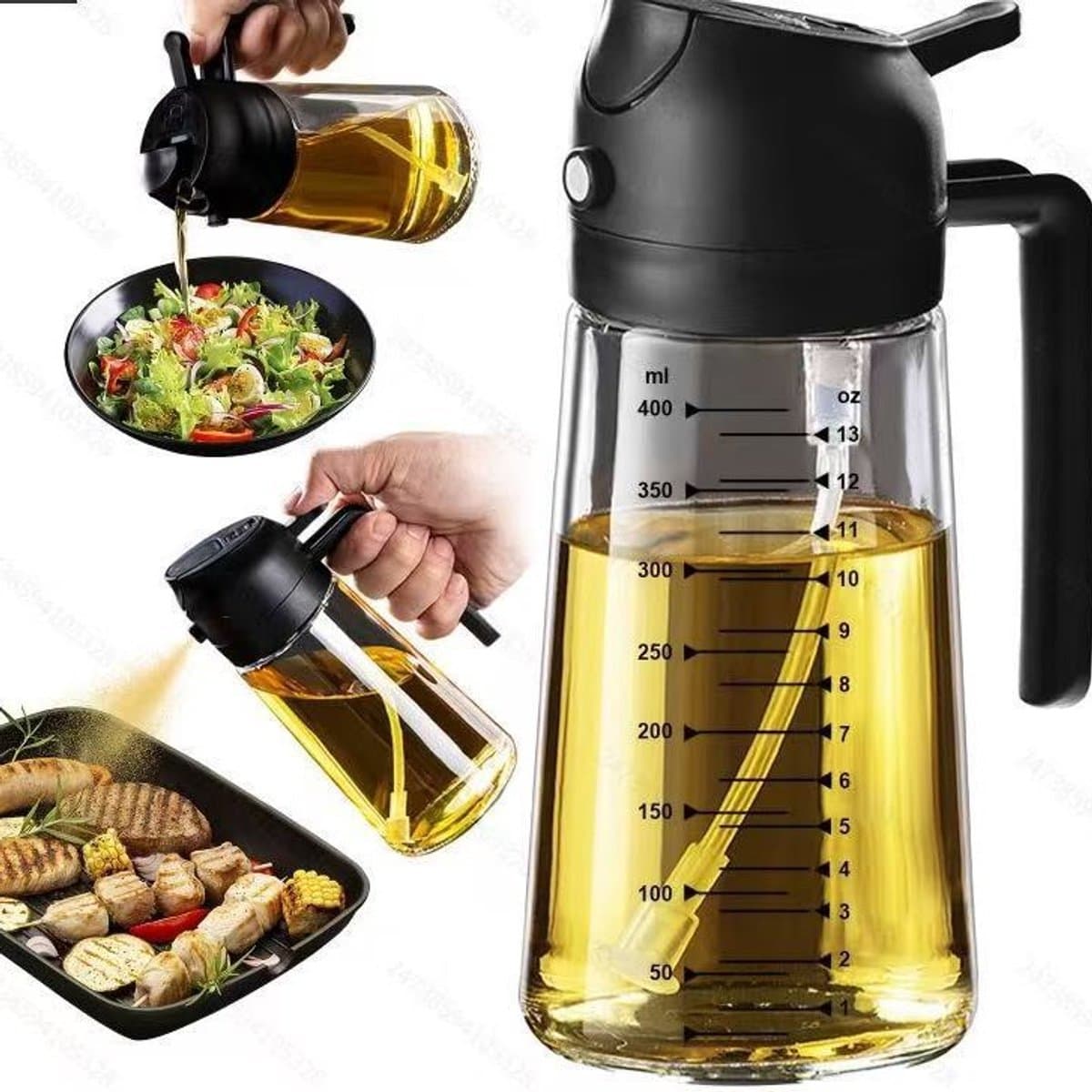 Keuken huishoudelijke spuit-en-giet 2-in-1 oliekan, oliefles, eetbare oliecontainer, grote capaciteit, olijfolieverdeler en oliesprayfles - 16 oz/470 ml, lichtbestendige oliekan, geschikt voor keuken, airfryer, koken, salades en barbecue, stijl 2 — afbeelding 1