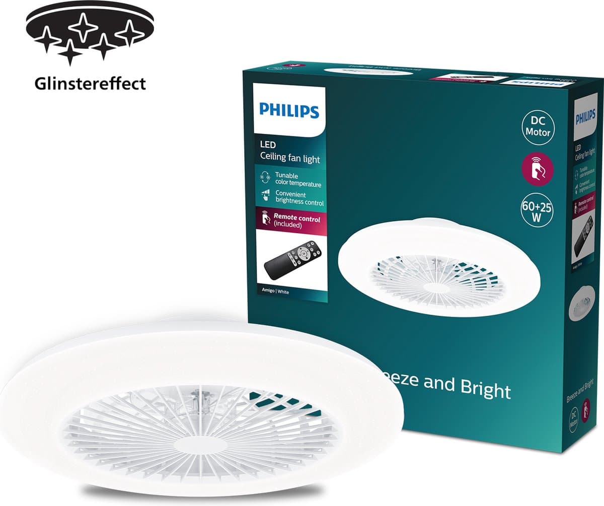 Philips Amigo Ventilator - Energiezuinige LED verlichting - Plafondlamp - Instelbare kleurtemperatuur - 57,5 cm diameter -Afstandsbediening - Wit met glinstereffect — afbeelding 1