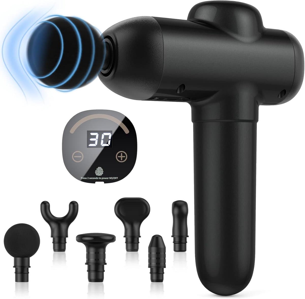 Massagepistool - Spierherstel Apparaat - Spierpijn Verlichten - 30 Snelheden 6 Koppen - 12mm Diepte - Zwart — afbeelding 1