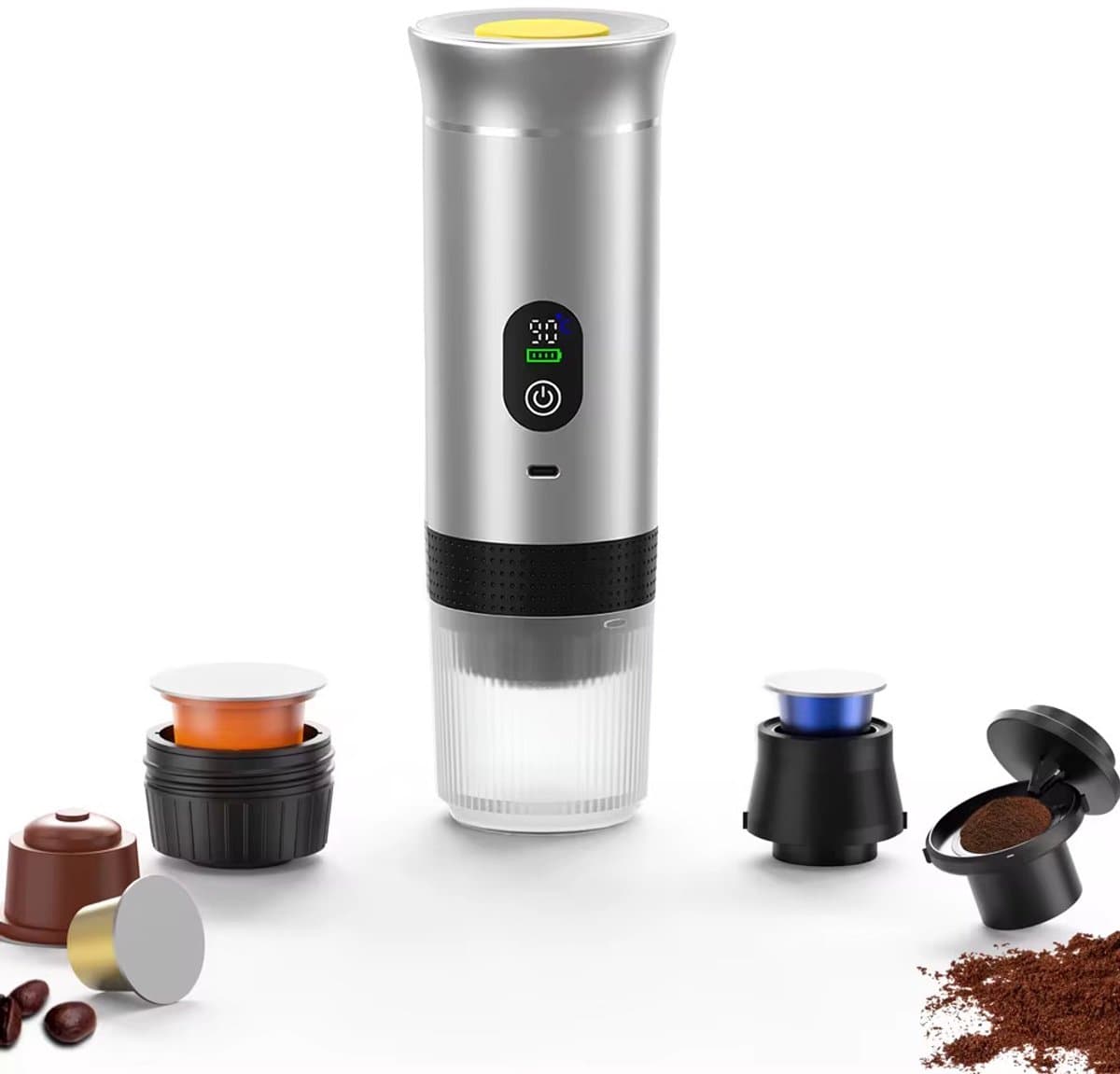 Lordani Draagbaar Koffieapparaat voor Onderweg | Inclusief Tas | 60ml | 12 Volt | Espresso | Nespresso | Dolce Gusto | Capsule Koffie | Gemalen Koffie | Cups | Oplaadbaar | Draagbare Koffiemachine | Grijs | Digitaal — afbeelding 1