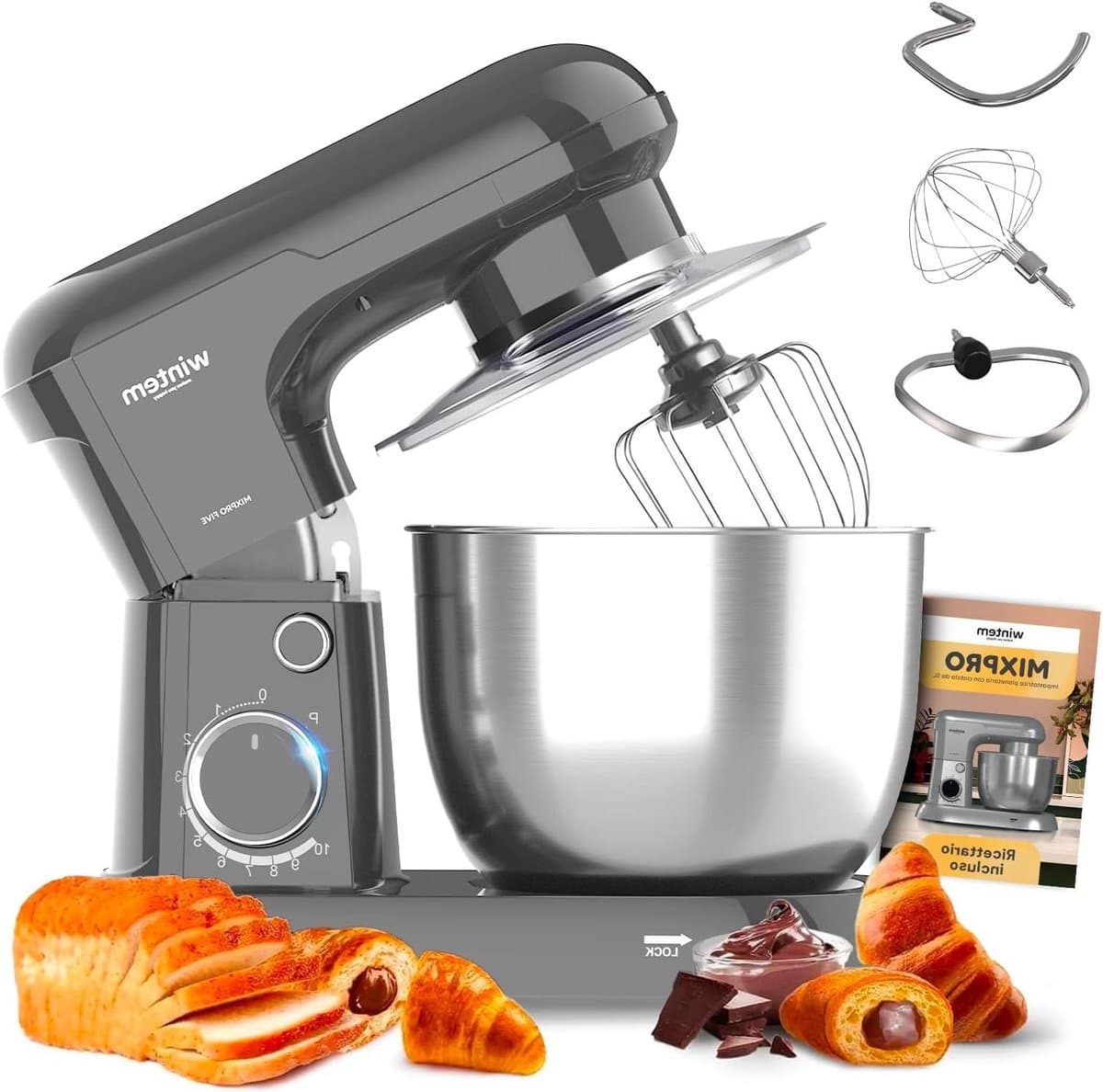 Planeetmixer - Keukenmachine - Bakken en mengen - Stille werking - 5 liter kom - Grijs — afbeelding 1