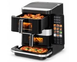 Cheqo® Dubbele Airfryer met Pizza Oven - Heteluchtfriteuse XXL met 2 Manden en Kijkvenster - Pizzamaker - Airfryer Dual Zone - Friteuse zonder Olie - Hetelucht Oven - Touchscreen - 12 Programma's - PFAS-Vrij - Pizzaoven - 2800W - Zwart