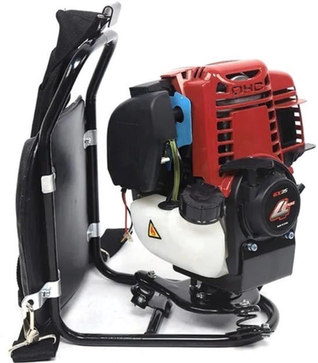 Benzine Grastrimmer - Grasmaaier - Bosmaaier - Kantenmaaier - Tuingereedschap - 35.4CC - 4-Takt 1KW, 4500-8500RPM – Rugzakmodel in Zwart/Rood — afbeelding 1
