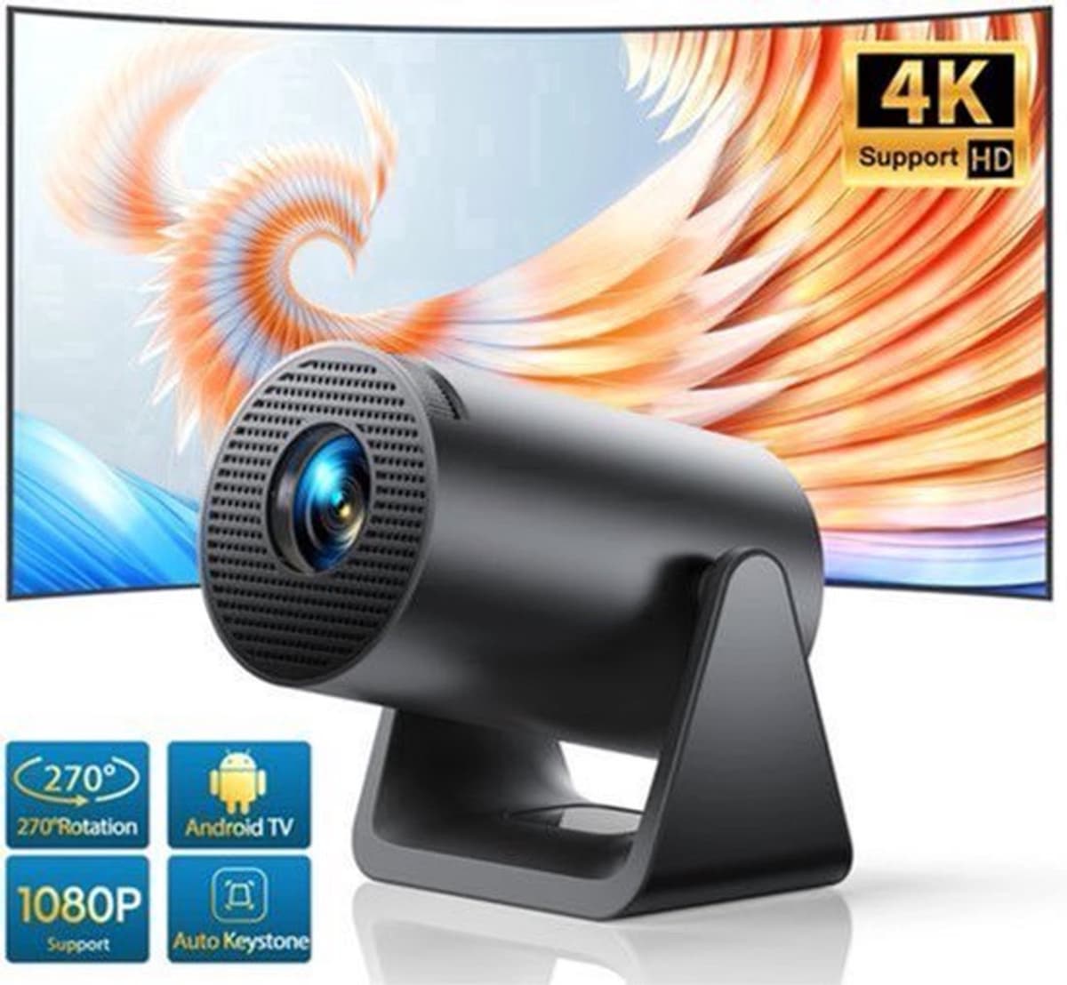 Mini Beamer - Projector - Digitale Projector - Draagbaar - Wi-Fi 6 en Bluetooth 5.2 - Android 11 Systeem - Ingebouwde Luidspreker - Compatibel met HDMI - Voeding - USB- EU Stekker Type - 300 ANSI - 29W - Zwart — afbeelding 1