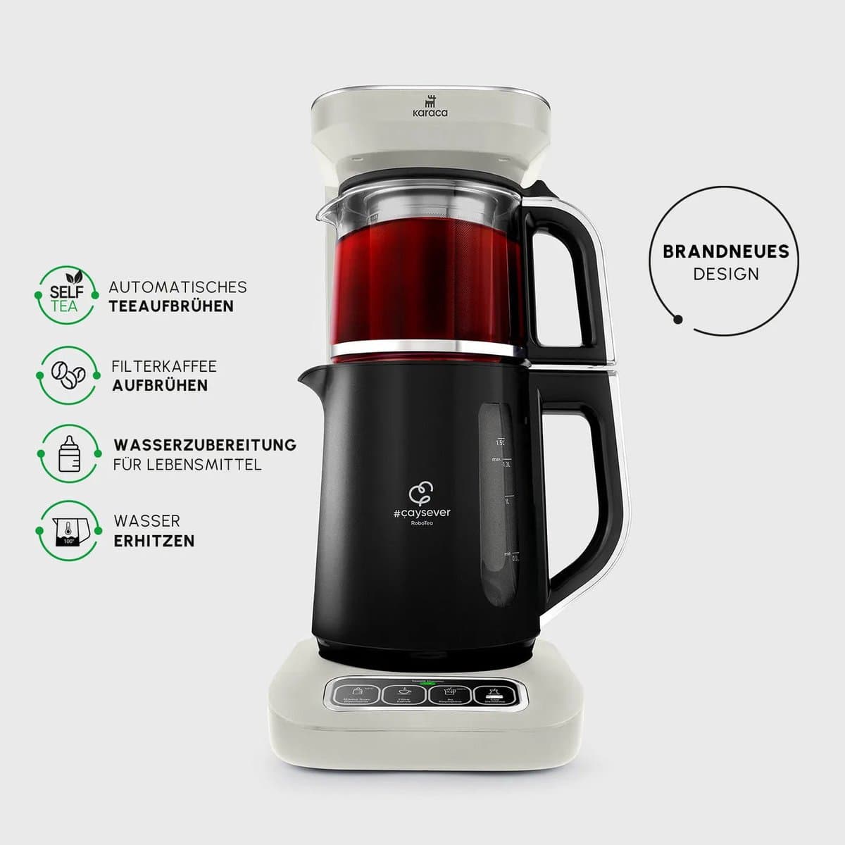 Karaca Çaysever Robotea Pro 4 in 1 sprekende automatische glazen theemaker en filter koffiezetapparaat 2500W theemaker, Starlight, theemaker, Engels versie — afbeelding 1