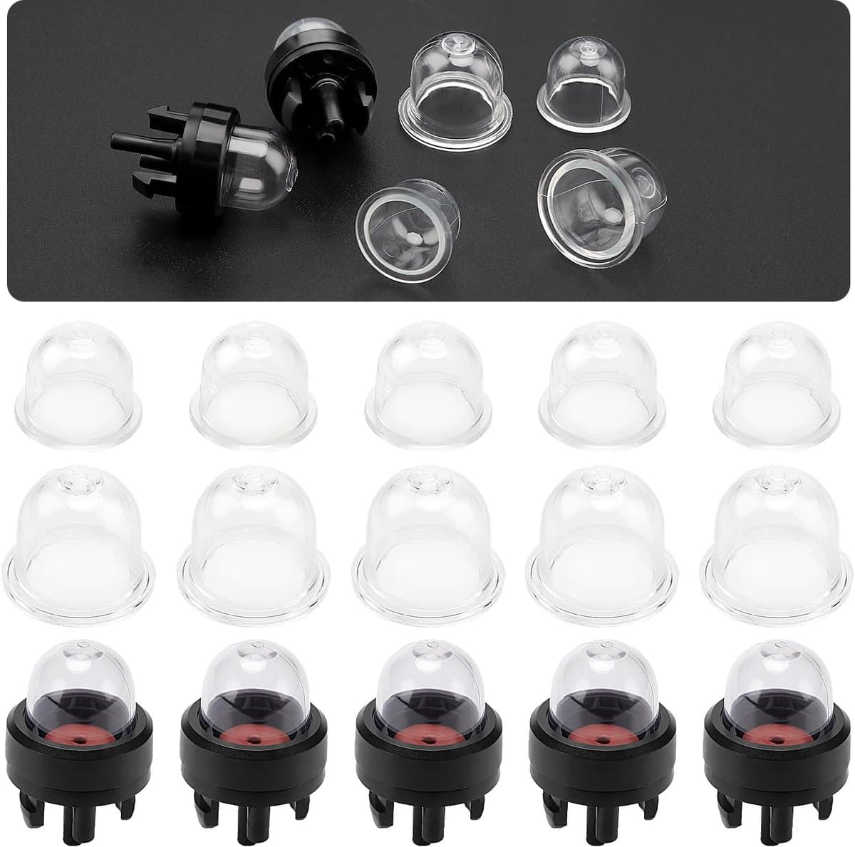 SnelShoppen - 10Pcs Carburetor Primers & 5Pcs Snap Primer Pump - Universele Brandstofpomp voor Grasmaaier, Bosmaaier - 19mm & 22mm - Transparant Rubbe — afbeelding 1