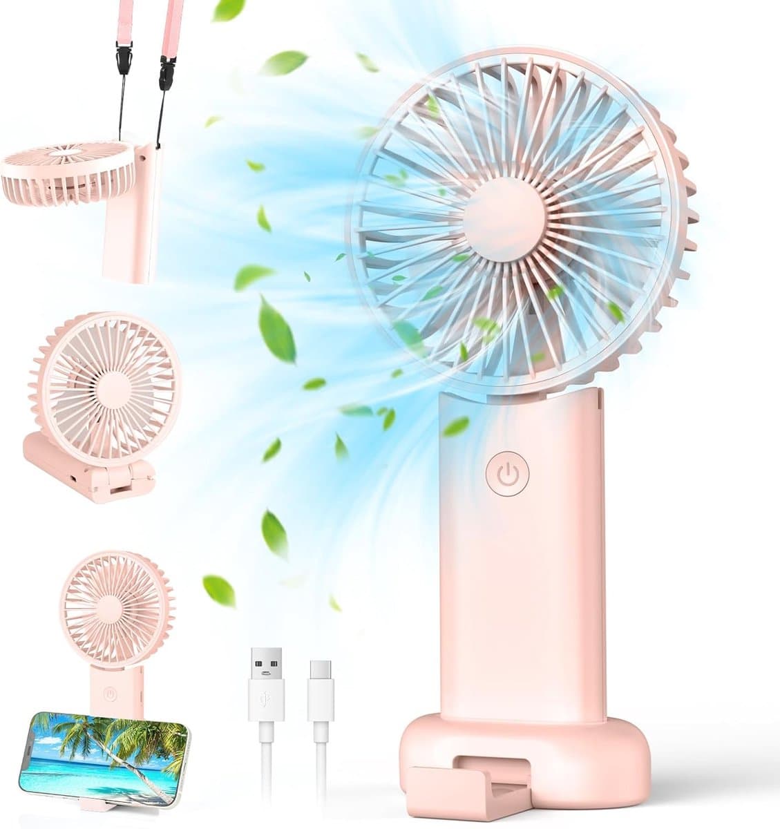 Draagbare ventilator, mini handventilator, kleine reisventilator, oplaadbare handventilator met 3 snelheden, persoonlijke ventilator voor buitengebruik, reizen, kantoor, kamperen (roze) — afbeelding 1