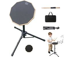 12 Inch Drumpad Set – Stille Drum Oefenpad - Oefendrumpad - Drum Practice Pad - met Stokken & Verstelbare Standaard & Draagtas – Achthoekig - Voor Oefenen & Studie