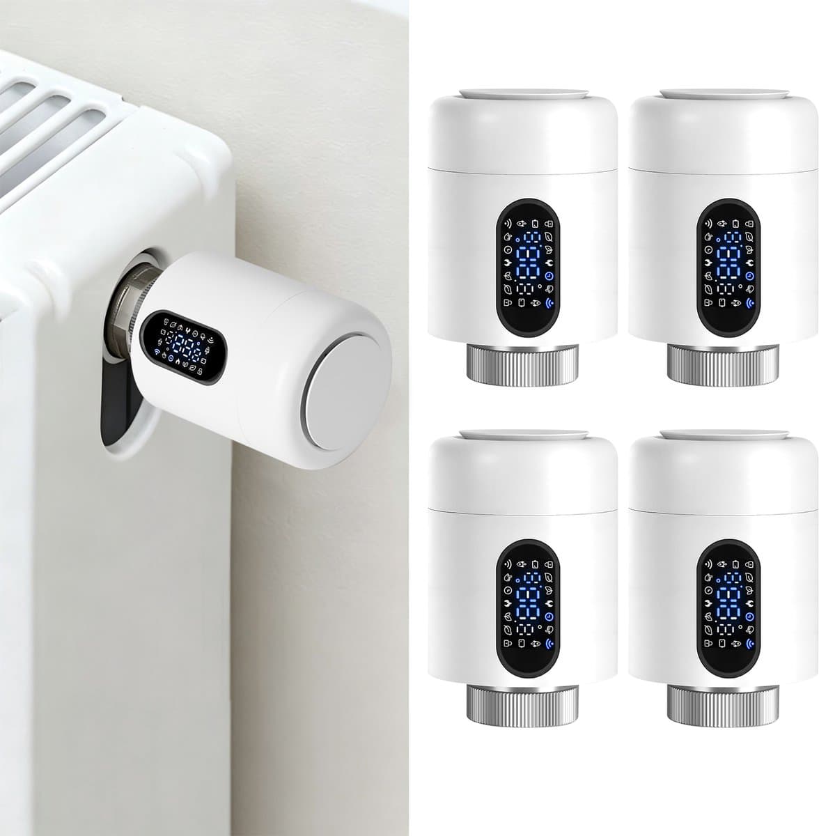 Radiator Thermostaat WiFi – Raamdetectie, Vorstbeveiliging en Kinderslot – Wit – 4-pack — afbeelding 1