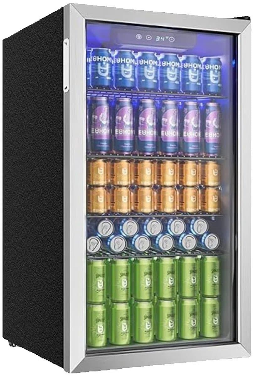 Joorly Mini Koelkast - Minibar - Drankkoelkast met glazen deur - Minibar voor 126 blikjes - met LED en temperatuurregeling - Wijn en bier koelkast - 49×44,5×78 cm - Grijs - RVS — afbeelding 1
