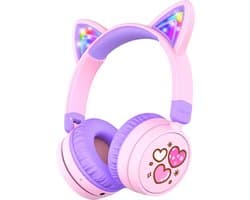 Bluetooth Hoofdtelefoon voor Kinderen met Kattenoren en LED Verlichting - 60 Uur Speeltijd, Veilig Volume tot 85 dBA, Microfoon en USB C Opladen