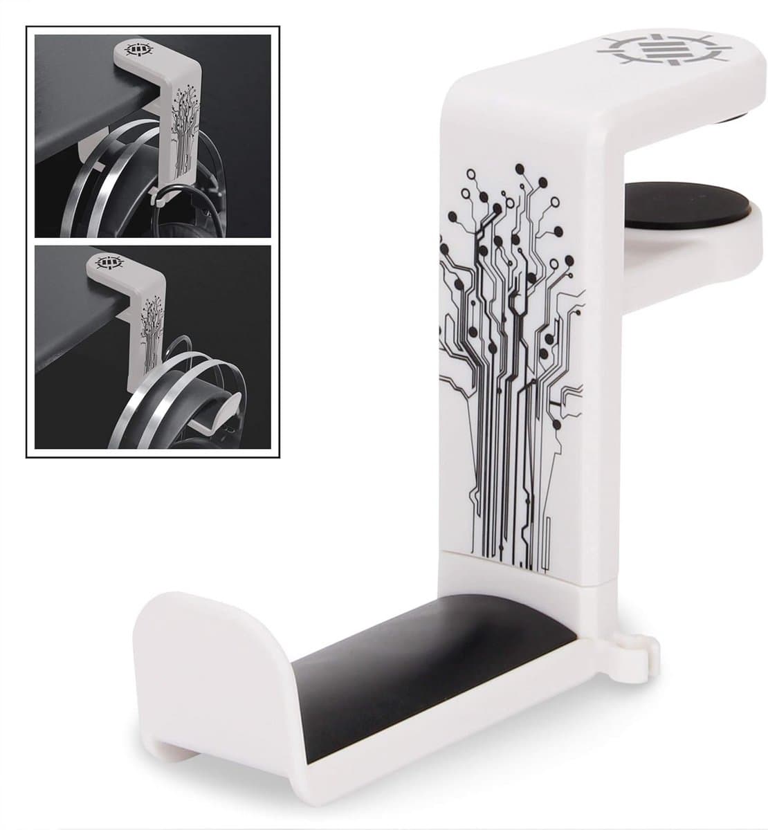 Hoofdtelefoon Hanger met Verstelbare Draaibare Arm - Onder Bureau Klem, Universele Pasvorm en Kabel Organiser - Wit — afbeelding 1