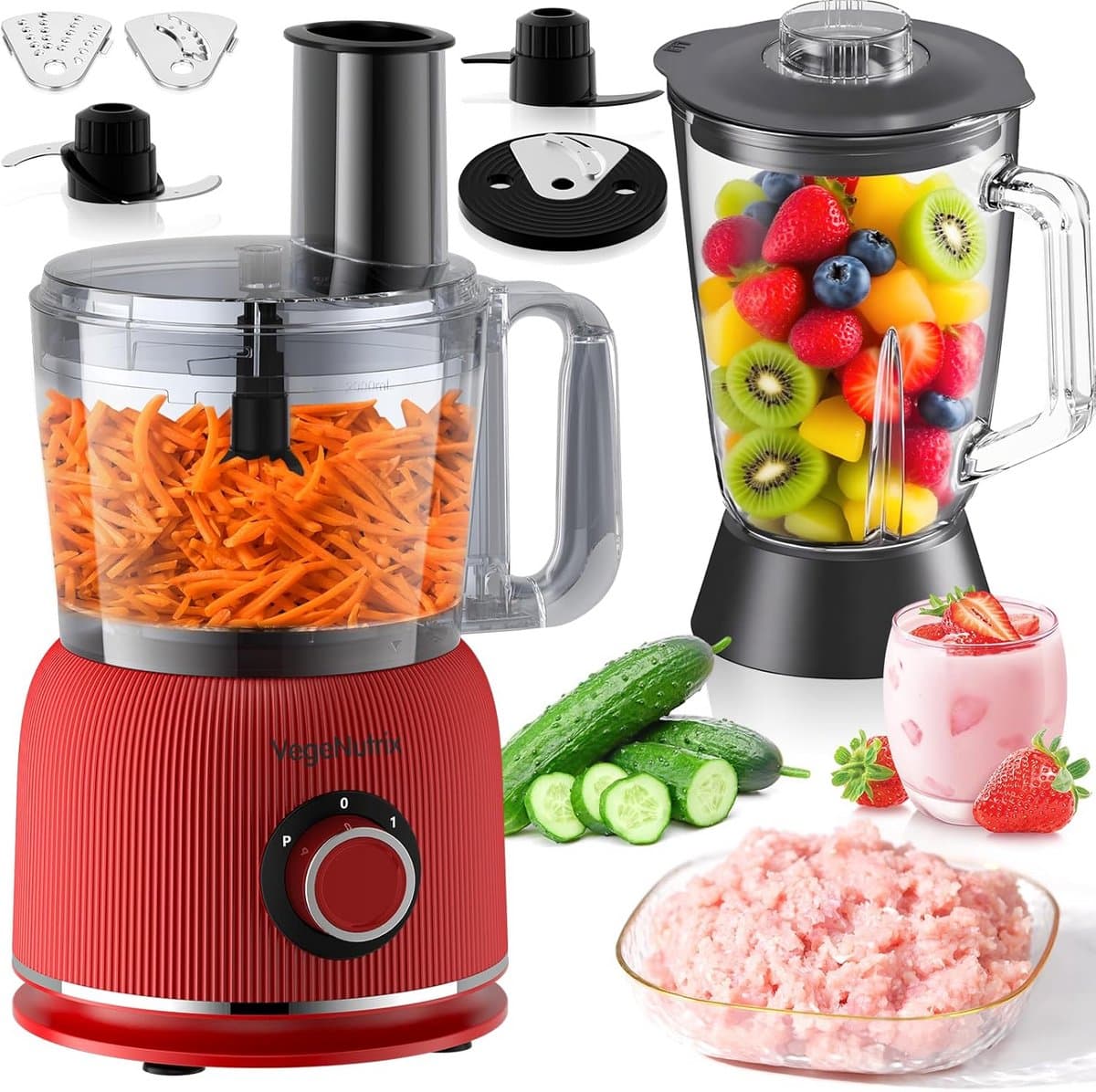 Foodprocessor en mixer combinatie - 2,5 L hakker voor vlees en groenten, 2 L blender met 1500 W glazen container, 2 snelheden en pulsefunctie voor smoothies — afbeelding 1